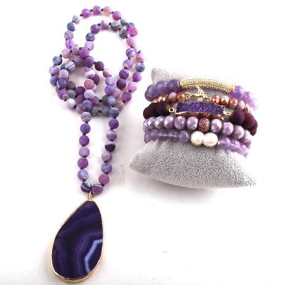 China BOHEMIA Women Jewelry Set 8mm Purple Drop Semi Precious Beaded Stone Necklace Pearl Druzy Bracelet Stack Pendant Sets for sale