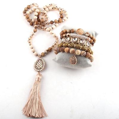 China BOHEMIA Women Jewelry Set 8mm Gemstone Picture Jasper Crystal Stone Link Tassel Necklace Beaded Bracelet Stack Sets for sale