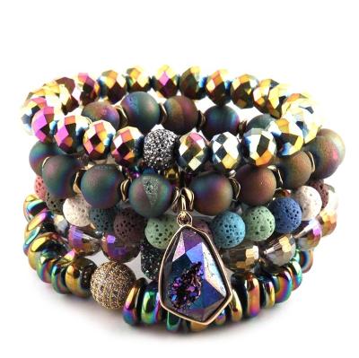 China Environmental Friendly Women Fashion Jewelry Elastic Bracelet Sets Natural Druzy Stone And Magnetic Beads CZ Ball Stretch Charm Stack Bracelet Set for sale