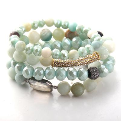 China Beautiful Environmental Friendly Pipe Gold Rhinestone Crystal Glass Beads Bracelet Set Natural 4 Piece Amazonite Stack Bracelet Sets for sale