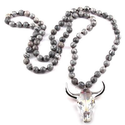 China BOHEMIA Fashion Women Amazonite Bull Horn Natural Stone Necklace Knotted Crystal Skull Head Pendant Necklace Dropship for sale