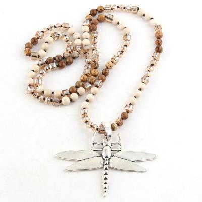 China BOHEMIA Women Knotted Alloy Bohemian Tribal Dragonfly Jewelry Tribal Dragonfly Jasper Dalmatian Jasper Natural Stone Image Pendant Necklace 6mm for sale