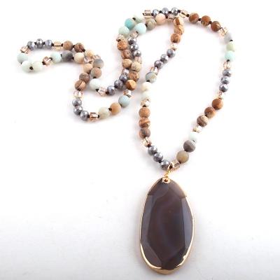 China Environmental Friendly Tiger Eye Women's Amazonite Necklace Natural Stone Gemstone 8mm Frost Long Knotted Druzy Irregular Pendant Necklace for sale