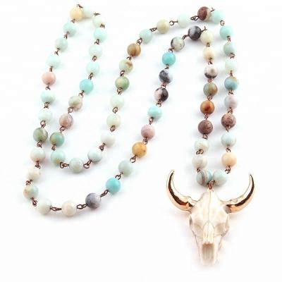 China Fashion Popular Amazonite Rosary Chain Stones Ox Bohemian Tribal Head Horn Taurus Statement Necklaces Jewelry Pendant Necklace for sale