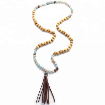 China CLASSIC Amazonite Stones Beads Wood Beads Leather Tassel Necklaces Women Necklace for sale