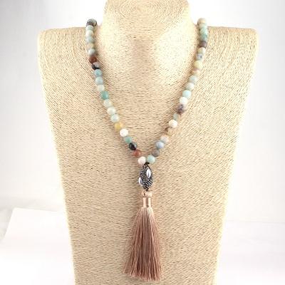 China Women's CLASSIC Bohemian Tribal Jewelry Fashion Amazonite Stone Oval Bead Crystal Ball Tassel Necklace for sale