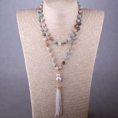 China Bohemian Natural Stone Rosary Necklace Natural Amazonite Stone Rosary Women Promotion Fashion Jewelry Freshwater Pearl and Crystal Tassel Necklace for sale