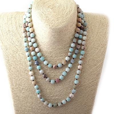 China Fashion Women CLASSIC Gemstone Necklace 8mm Knotted Long Double Wrap Natural Frost Amazonite Necklace en venta