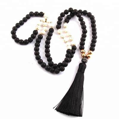 China CLASSIC Black Bohemian Tribal Jewelry Lava Necklace Women Stone Necklace Long Black Tassel Necklace en venta