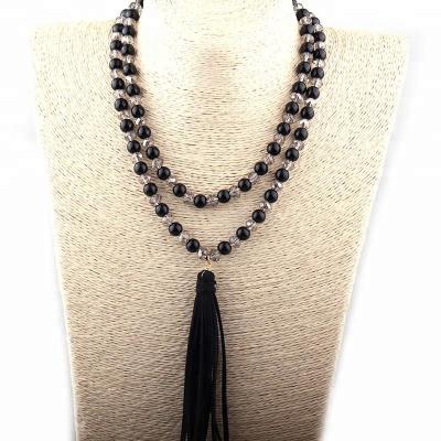 China Fashion CLASSIC Natual Stones Black Beads Crystal Glass Pearl Leather Tassel Women Pendant Necklace en venta