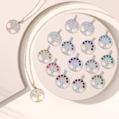 China Fashion Custom 925 Sterling Silver Colorful CZ Birthstone Crystal Tree Circle Necklace Fashion Jewelry Pendant Life for sale