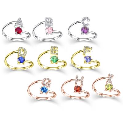 China Exquisite Luxury Multicolor Anniversary Engagement Ring Exquisite Luxury Multicolor Anniversary Anti Tarnish Zircon Gemstone Alphabet Ring Birthstone Letter Open Rings for sale