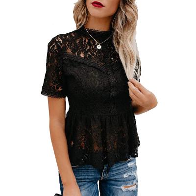 China Breathable Women Short Sleeve Tees Hollow Out Lady Lace Fabric T Shirts for sale