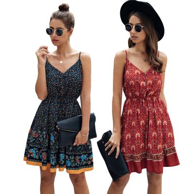 China Breathable Cotton Mini Casual Boho Dress 2020 Ladies Modest Floral Dresses Button Up for sale