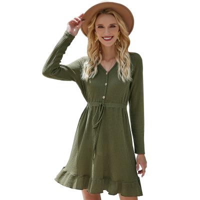 China Breathable Women Stylish Soild Knit Long Sleeve Ladies Ruffled Edge Sashes Dress for sale