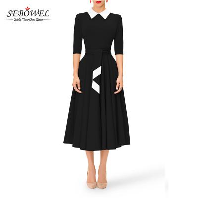 China Apricot Half Sleeve Knee Length Breathable Tie Knee Elegant Women Dress for sale