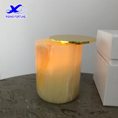 China Home decoration ready to ship luxury green onyx candle container with metal lid and box natural onyx candle jar for sale