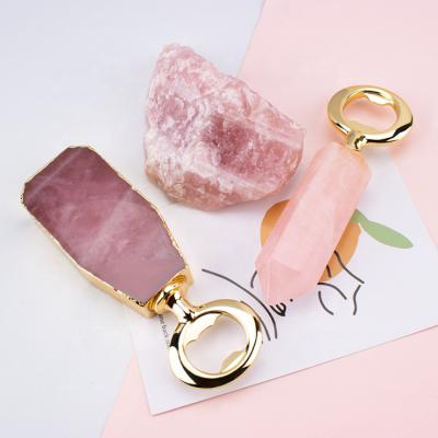 China Best Selling Natural Beer Crystal Agate Bottle Opener with Gold Trim and Pink Blue Rose Quartz Agate Cap Cola Bottle Opener for sale