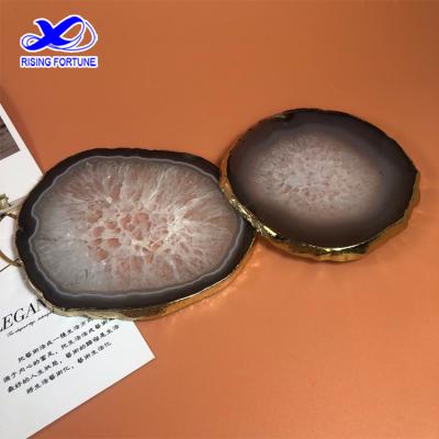 China Factory Direct Hot Sale Viable Round Natural Agate Slice Coasters with Gold Trim and White Agate Coasters for sale