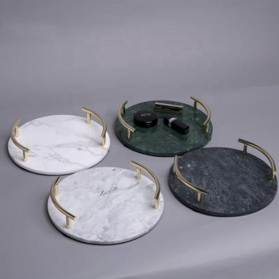 China Home Serving Tray New Style Hotel Restaurant Decorative Black Marble Tray and Luxury Round White Marble Tray with Gold Handle for sale