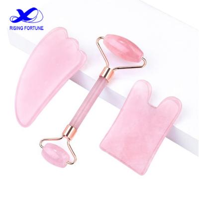 China Cellulite Reduction Lady Massage Tools Anti Aging Facial Face Rose Quartz Jade Roller Gua Sha Set for sale