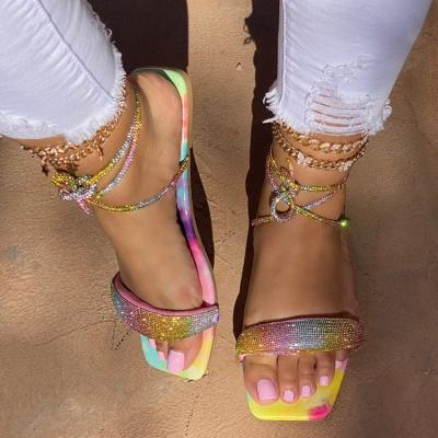 China The fashion trend The 2022 Women's Sandals Summer lace up new PU women's ladies sandals flat sandals with glitter for sale