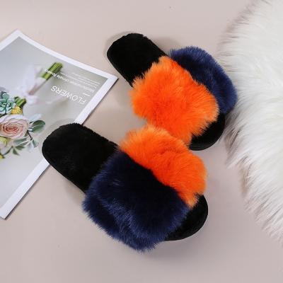 China Wholesale Fashion Trend Lady Fur Slippers Open Toe Fluffy House Indoor Lady Fur Slides for sale