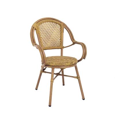 China Traditional Weather Resistant French Bistro Rattan Chair Round Seat U Shape Armrest Wicker Chairs With Airy Back for sale