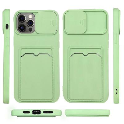 China New Shockproof Design For iPhone 13 12 11 Pro Maxz Slide Camera Lens Protector With Card Holder For Xr Xs 6 7 8 Plus Se 3 Slot Back Cover for sale