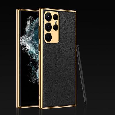 China Luxury Electroplating Shockproof Skin Leather Plain Case For Samsung Galaxy S22 Ultra 5G S22 Plus Plated Soft TPU Camera Protection Cover for sale