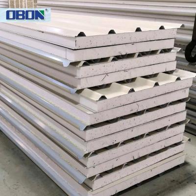 China Contemporary Xiamen OBON PU Polyurethane Insulated Color Galvanized Steel Plate Roof Sandwich Panel for sale