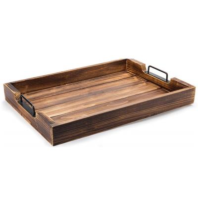 China Modern Recycled Materials Metal Black Handles Light Up Burnt Brown Wood Serving Tray For Bed for sale