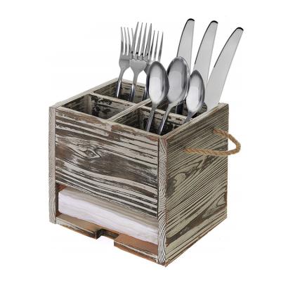 China Eco-Friendly Torched 4 Compartment Wooden Kitchen Dining Utensil Organizer Cart With Napkin Holders For Rustic Kitchen for sale