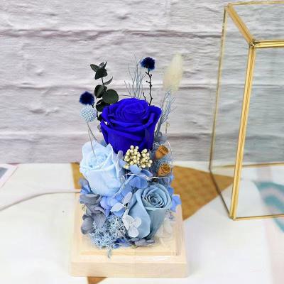 China Hand Made Valentine's Day Gift Preserved 3 Rose in Garden Glass House with Led Light and USB Connector for sale