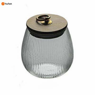 China Large Sealed Pot Heat Resistant Glass Striped Glass Clear Household Trolley Tea Fruit Storage Canister Dry Tank for sale