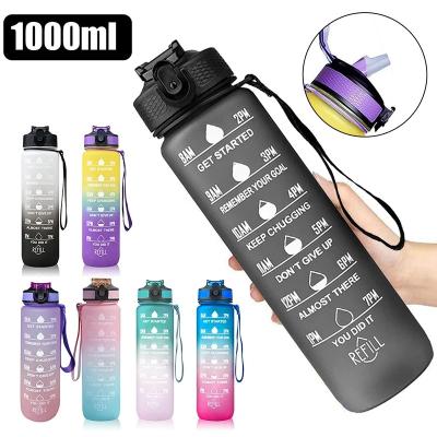 China 1L Stocked Sports Gradient Water Bottle Outdoor Weather Marker Frosted Straw Cup Large Scale Fitness Workout Cups Gym Water Drinking Bottle for sale