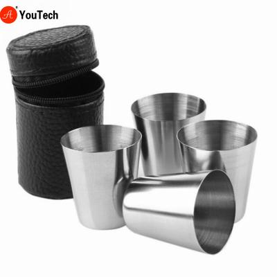 China Stocked 4 Pcs/Set Polished 30ml Mini Stainless Steel Shot Glass Cup Drinking Wine Glasses With Leather Cover Bag For Kitchen Home Bar for sale