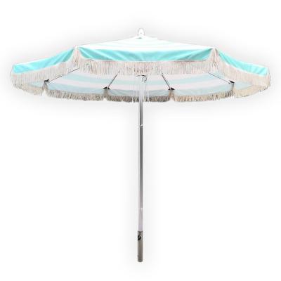 China Modern 9' Luxury Premium Aluminum Outdoor Patio Umbrella with Fringe Lace Stripe for Parasol Umbrella Patio Beach Club Cafe Beer Cafe for sale