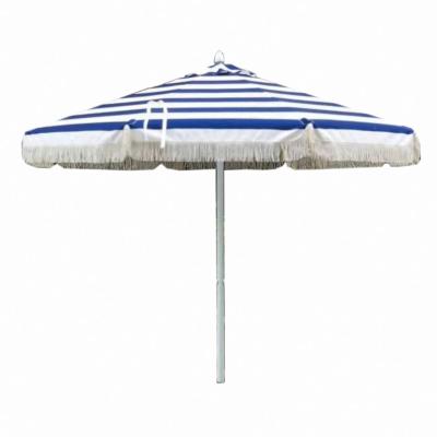 China Restaurant Patio Outdoor Aluminum Umbrella With Stripe Fringe Drapery for sale