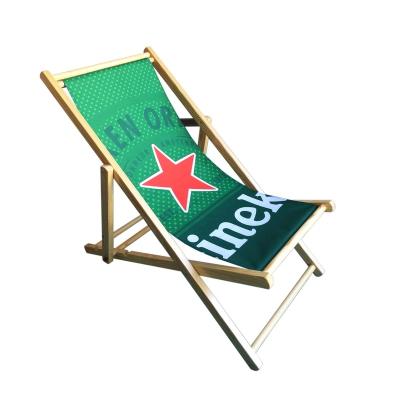 China Modern Outdoor Folding Wooden Beach Chair With Sling Custom Printed Fabric For Garden Beverage Wine Cafe Camping Beer for sale