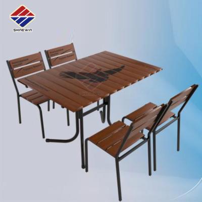 China Traditional Metal Wood Outdoor Table With Slat Wood Chair For Cafe Beverage Beer Restaurant Bistros Patio Garden Logo Promotion for sale