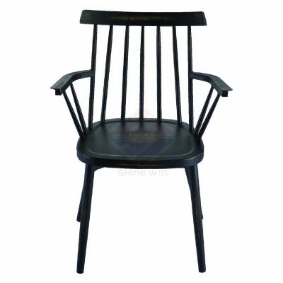 China Windsor distressed metal aluminum windsor dining chair with arm rest for wedding banquet club restaurant cafe hotel home furniture for sale