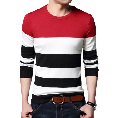 China Korean Men's Thin Neck Nylon / Cotton Pullover Long Sleeve Striped Round Neck Sweater for sale