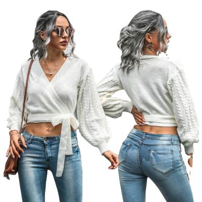 China Ladies Fall/Winter V-Neck Lantern Sleeve Anti-Shrink Knit One-Piece Sweater Lace Cardigan Sweater Tops for sale