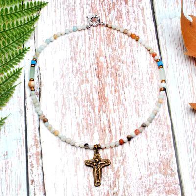 China FASHIONABLE Natural 4MM Choker Necklace Woman Jewelry Gift Jesus Design Pendant Necklace Boho Unique Amazonite Stone for sale