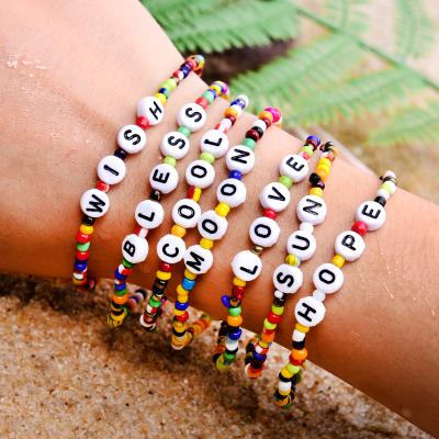 China TRENDY Colorful Seed Beads Charm Letter Bracelet Fashion Stretchy Hope Bless Friendship Bohemian Chic Pulseras Femme for sale