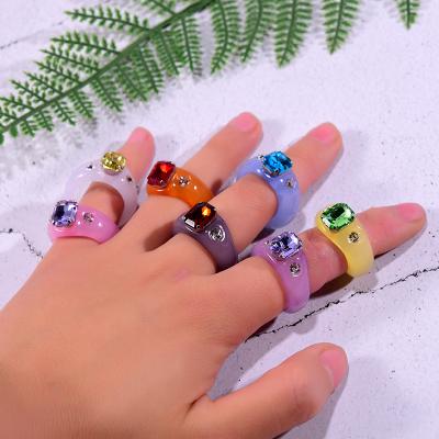 China 5Pcs/Lot 2021 New Acrylic Crystal Rhinestone Colorful Geometric Jewelry TRENDY Transparent Party Gifts Square Round Rings Set For Women for sale