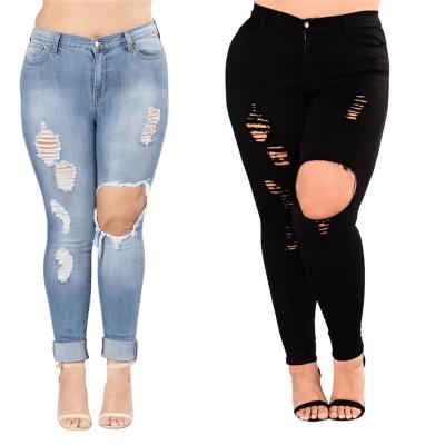 China Breathable L-4XL Plus Size Woman Ripped Jeans High Waist Skinny Jeans Fashion Casual Pencil Pants High Quality Female Clothing for sale