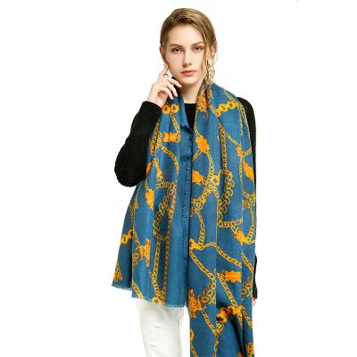 China Fashion NO MOQ factory wholesale designer 180X90cm gold chain printing 100% acrylic luxury scarves for elegant women and shawls for sale