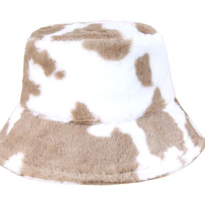 China Winter Soft Comfortable Fuzzy Plush Bucket Hat Cow Pattern Printed Women Fuzzy Bucket Hat Panama Hat Spring Bucket Fisherman for sale